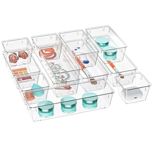 WOWBOX 12 Pack Clear Drawer Organizer Set, Acrylic Drawer Storage Trays, Storage Bins for Makeup, Cosmetics, Jewelries, Utensils, Gadgets, Office - color: Clear, size: 12 PCS