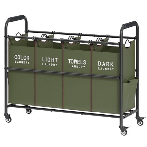 Tajsoon 4 Bag Laundry Sorter Cart, 4 Section Laundry Hamper Sorter with Heavy Duty Lockable Rolling Wheels, Laundry Separator Hamper with Removable Bags for Dirty Clothes Storage, Green - color: Green