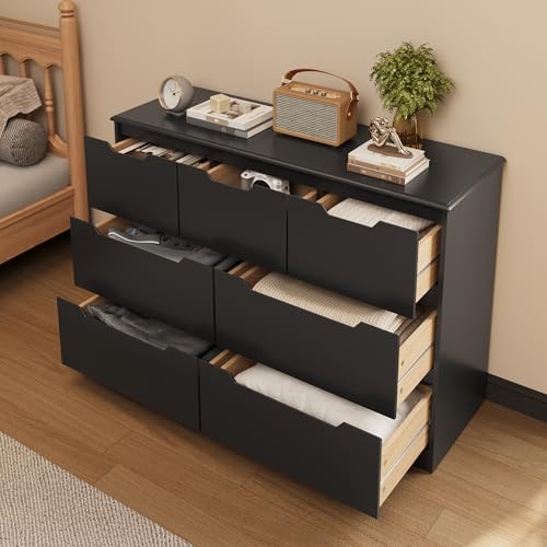 Gizoon 7 Drawer Dresser, 48" Wide Wood Chest of Drawers for Bedroom, Black Modern Storage Organizer, Handle Free Design, Living Room, Kids Room, Entryway, Hallway, Black - color: Black, size: 15.7"D x 47.2"W x 32.7"H (7 Drawers)