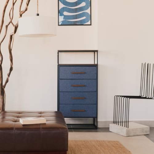 tinge Zana Premium 4 Drawer Fabric Dresser - Small Wood Top Dresser for Bedroom in Ocean Blue - Durable Metal Frame, Sag-Proof Clothes Storage Drawers & Sleek Wooden Handles (Navy) - color: Ocean Blue (Navy), size: 13.5"D x 23.5"W x 46.5"H (4 Drawers)