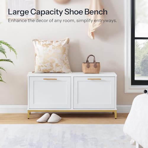 HOOBRO Shoe Bench with Storage, Shoe Storage Bench with 2 Flip Drawers, 39.4" Shoe Cabinet with Bench, Hidden Shoe Rack Organizer for Entryway, Foyer, Hallway, White and Gold DW48HX01 - color: White + Gold