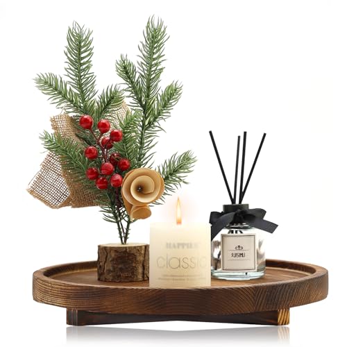 Round Decorative Wooden Tray for Bathroom Sink Kitchen Counter Decor Trays Small Wood Riser Pedestal Stand Dining Coffee Table Trays Vanity Spa Bathroom Accessories for Soap Dish Perfume Candle Tray - color: Dark Brown, size: 10 inch