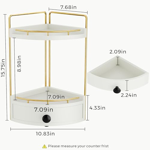 2-Tier Corner Bathroom Counter Organizer with Drawer & Embedded Screw Holes - Wooden Countertop Organizers for Skincare, Makeup Storage, Bathroom Sink Counter Shelf for Vanity, Kitchen, White Gold - color: White Gold