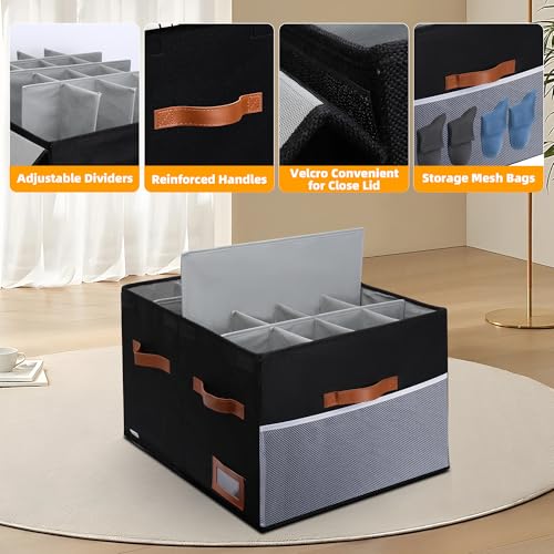 Supowin Shoe Organizer for Closet, Foldable Shoe Storage Bins with Lid & Adjustable Dividers, Fabric Shoe Box Storage Containers with Four Reinforced Handles, Fits 16 Pairs, 1 Pack, Black - color: Black, size: 21"L x 17"W x 13"H