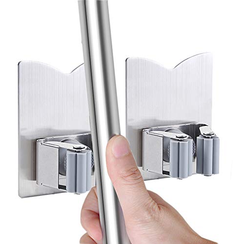 HANZE Stainless Steel Mop Broom Holder Organizer, Self Adhesive Wall Mounted Mop Organizer Storage Rack Clip for Kitchen Bathroom and Garage (Model 2 (2 Pakck)) - color: Model 2 (2 Pakck)
