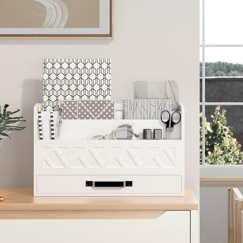 WISUCART Bamboo Mail Organizer Countertop Wood Desk Organizer Drawer Tabletop Storage Box Letter Sorter Makeup Organizer for School Home Office Supplies White - color: White