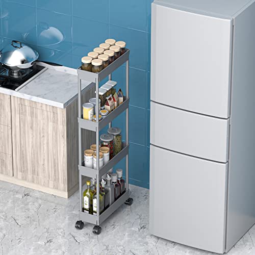 Sooyee 4 Tier Slim Storage Cart,Rolling Storage Cart,Narrow Shelf,Bathroom Rack,Mobile Shelving Unit Organizer for Kitchen, Bathroom, Laundry Room, Grey - color: Gray, size: Slim