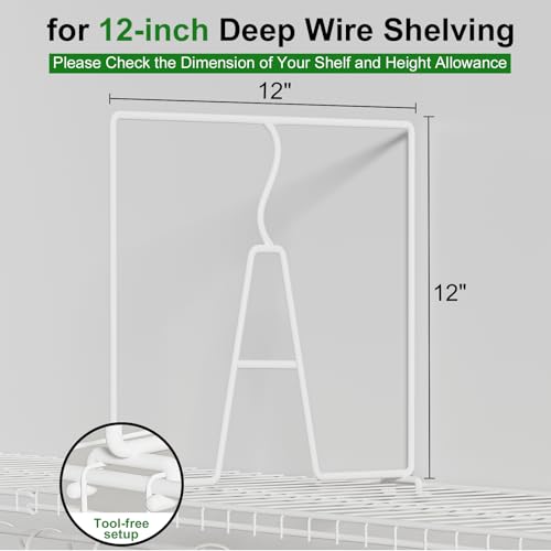 SortNStore Wire Shelf Dividers for Closet: 12-inch Tall 12-inch Deep 6 Pack Wire Rack Accessories - Adjustable Purse Organizer for Clothes Handbags - Metal Linen Closet Pantry Separators - size: 6-Pack TALLER: Tall 12" x Deep 12"