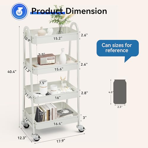 NEWBULIG 4-Shelf Rolling Utility Cart with Locking Wheels, Slim Metal Mobile Storage Organizer Shelf for Small Spaces, Bathroom, Living Room, White - color: White, size: 4-Tiers