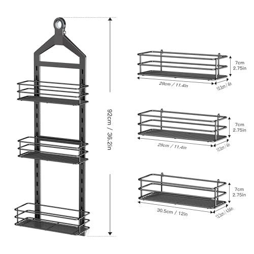Orimade Adjustable Anti-slip Shower Caddy over Head, Rustproof Bathroom Hanging Organizer with 2 Hooks for Razor, No Drilling Shower Shelves Storage Rack 3 Tier, Black - color: Black