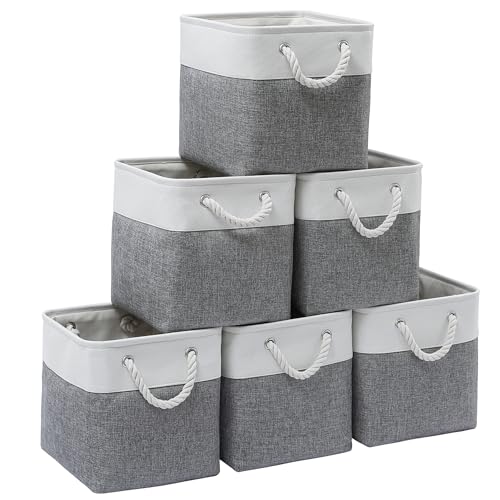 11 x 11 Inch Storage Cubes, 6 Pack Large Collapsible Fabric Storage Bin with Ropes, Foldable Storage Cubes for Home, Office,Closet, Clothes, Toys Organizer (White&Gray) - color: White&Gray, size: Cube - 11 x 11 x 11 inches (6 Pack)