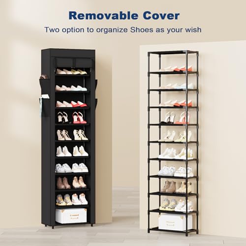 Mavivegue Shoe Rack with Cover, 10 Tier Tall Shoe Organizer for 18-22 Pairs of Shoes, Shoe Organizer with 4 Side Pockets, Shoe Cabinet for Entryway, Closet - color: Black