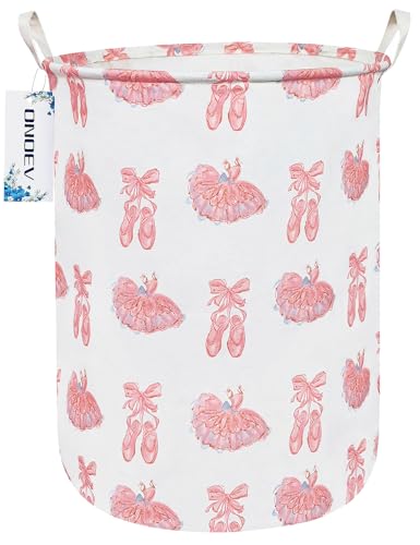 Round Collapsible Laundry Hamper for Girls,Cute Pink Dance Shoes Print Storage Bin, Waterproof Toy Storage for Kids Room, Nursery, Playroom, New Parent Gift (Pink lace dance shoes) - color: Pink lace dance shoes