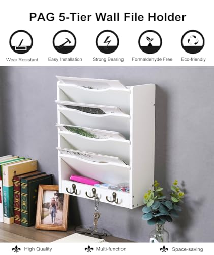 PAG 5-Tier Wall File Holder Hanging Mail Organizer Wood Magazine Literature Rack with 6 Hooks, White - color: White