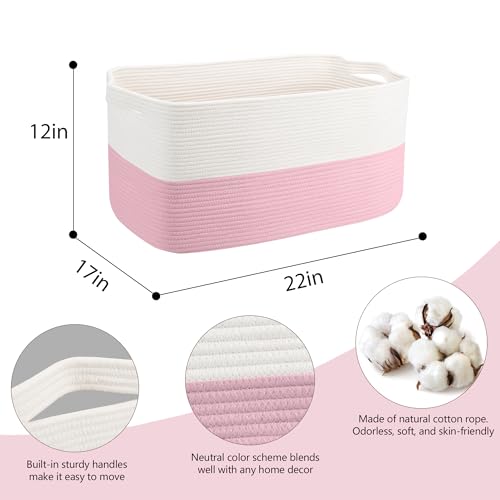 MEGASKET Large Pink Storage Basket, 22" x 17" x 12" Rectangle Cotton Rope Bin for Organizing, Woven Blanket storage for Living Room, Kids Toy Bin Box, Decorative Nursery Storage, Pink Room Decor - color: White & Pink