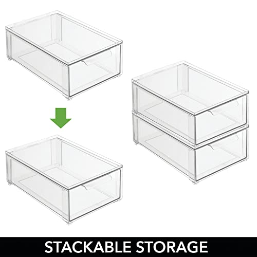 mDesign Plastic Stackable Closet Storage Organizer Bin Containers with Front Pull Drawer for Cabinet, Desk, Shelf, Cupboard, or Dresser Organization - Lumiere Collection - Set of 3 - Clear - size: Mixed Sizes (Pack of 3)