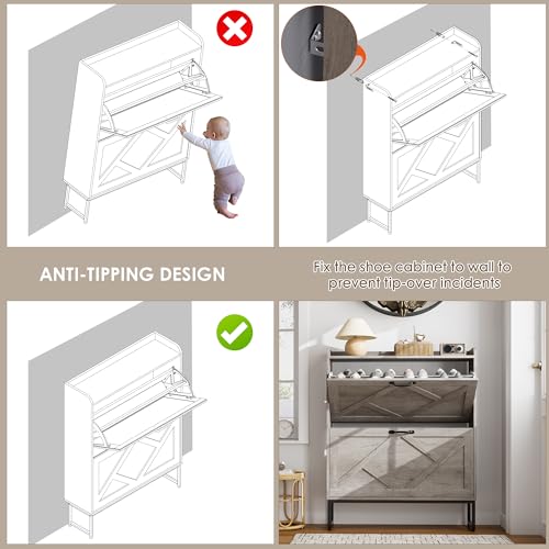 Nicetree Shoe Storage Cabinet with 2 Flip Drawers, Freestanding Shoe Organizer, Shoe Cabinet with Metal Legs, Narrow Shoe Rack Cabinet, Farmhouse Slim Shoe Cabinet for Entryway, Hallway, Rustic Gray - color: Grey, style: 2-Drawers