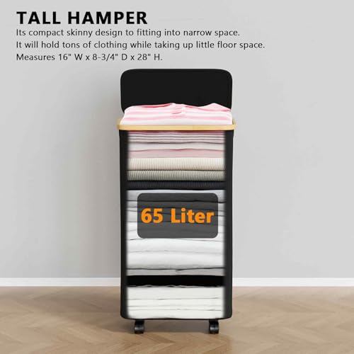 SpaceAid Slim Laundry Hamper with Wheels and Lid,62L Rolling Narrow Clothes Basket with Bamboo Handle, Large Laundry Hamper for Bedroom, Bathroom, Dorm, Laundry Room - Black - color: Black, size: 62 L