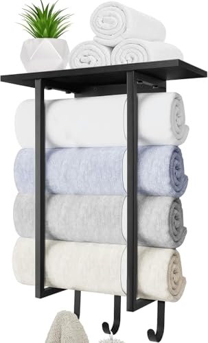 ELITEROO Towel Holder for Bathroom Wall, Towel Rack with Shelf and Hooks, Hanging Towel Organizer for Small Bathroom Storage, Wooden Rolled Towel Shelf for RV, Camper, Black - color: Black