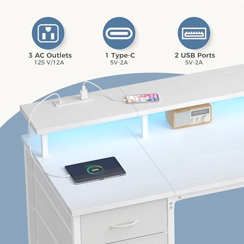 DUMOS 47 Inch Computer Desk with 4 Drawers,4 Drawer Gaming Desk with Power Outlets and LED Lights,Office Desk for Small Spaces with Monitor Shelf,Writing Desk for Home Office,Bedroom, Study,White - color: White, size: 47 Inches