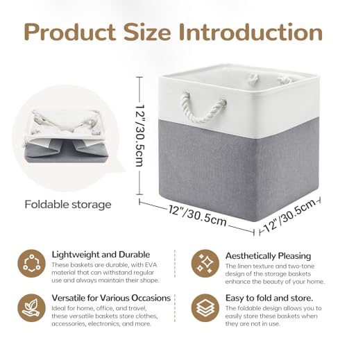 12 x 12 Inch Cube Storage Bins, 4 Pack Fabric Storage Basket with Handles, Foldable Boxes Organizer for Shelf Baskets for Home, Clothes (White/Grey) - color: WhiteGray, size: 12inX12inX12in-4P
