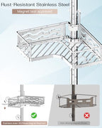 ALLZONE Corner Shower Caddy Tension Pole with 4 Repositionable Hang-On Baskets, Mixed-Height Shelves for Tall Bottles, 8 Dual Hooks & Soap Dish, Rust-Resistant Stainless Steel, Adjustable 34-116 Inch