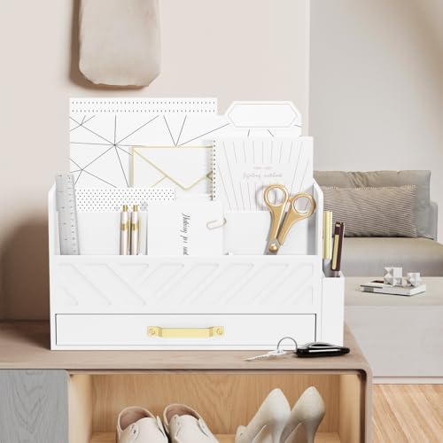 WISUCART Bamboo Desk Organizer Mail Holder Countertop Wood Desk Drawer Tabletop Storage Box Pen Holder Letter Sorter Makeup Organizer for School Home Office Supplies with Pen Holder White - color: White with Pen Holder