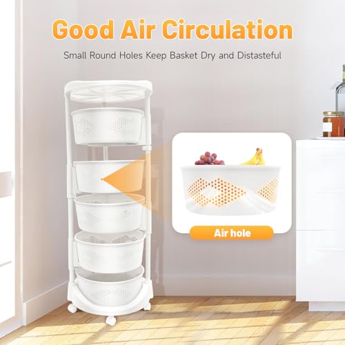 Rotating Storage Rack, Multi Layer Round Kitchen Fruit Vegetable Storage Basket 23.62'' Tall Household Floor Standing Organizer with Wheels for Living Room Bathroom Pantry (5 Tier)