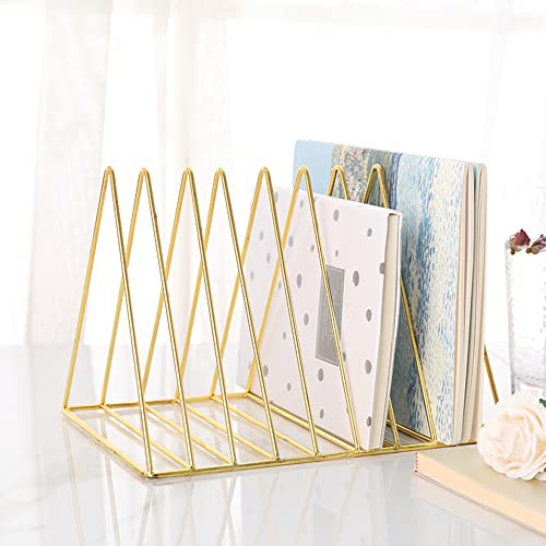Sooyee 9 Slot Gold Magazine Holder,Desktop File Sorter Organizer Triangle Bookshelf Decor Home Office - color: Gold