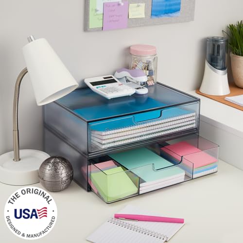 STORi STAX Plastic Stackable Organizer Drawers (Set of 2) Classic Grey | 12.5" Wide | Set Includes One Open Drawer & One Divided Drawer | Organize Office Desk Accessories & Sort Paper | Made in USA - color: Grey, size: Open/Divided 2pk
