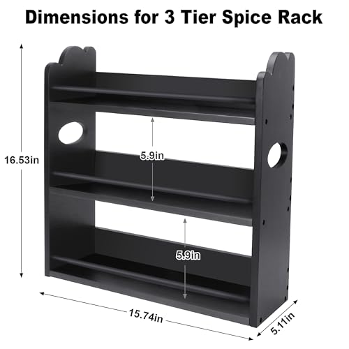 3 Tier Bamboo Spice Rack, Spice Rack Organizer, Seasoning Jars Rack Shelf Spice Organizer for Kitchen Counter or Wall Mounting, Spice Storage Holder with handles, Jars Not Included, Black - color: Black with Handles