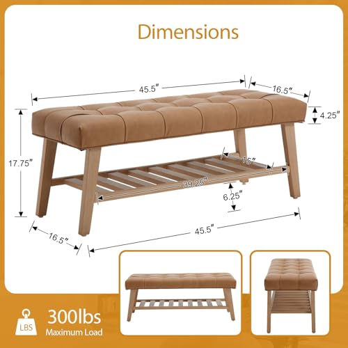 Farmhouse Upholstered Storage Entryway Bench with Shoe Shelf, 2 Tier Faux Leather Button Tufted Bench with Wooden Frame for End of Bed/Hallway/Reception/Living Room, Brown - color: Brown