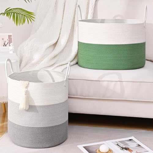 Extra Large Toy Basket, 20"x13" Kids Toy Storage for Playroom Classroom Nursery, Woven Rope Blanket Basket with Handles, Stuffed Animal Organizer & Dog Toys Basket, Green - color: Green - Wide