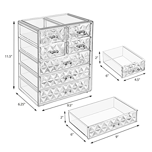 Sorbus Acrylic Makeup Organizer Set, 7-Drawer Vanity & Countertop Cosmetic Storage with Small & Wide Drawers, Diamond Makeup Storage for Brushes, Lipsticks, Jewelry – Holiday Gift for Women & Teens - color: Diamond, style: 3 Large, 4 Small Drawers