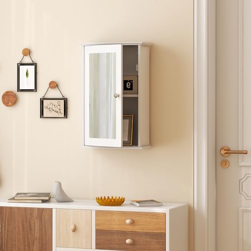 Tangkula Bathroom Medicine Cabinet with Mirror, Wall Mounted Single Mirror Door Storage Cabinet w/Adjustable Shelf, Wall Cabinet w/Reversible Door for Bathroom Living Room Hallway (White) - color: White