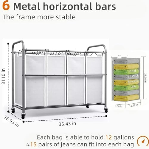 ROMOON Laundry Hamper Sorter Cart: 4-Section Organizer with Heavy-Duty Lockable Wheels and Removable Bags | 180L Rolling Laundry Basket for Dirty Clothes in Laundry Room or Small Spaces (Gray) - color: gray