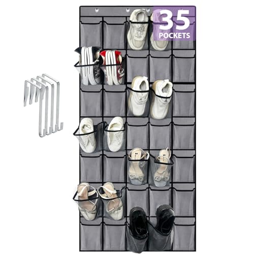 homyfort 35 Large Pockets Over the Door Shoe Organizer, Extra Sturdy Oxford Fabric Hanging Shoe Rack for Door Closet, Wall Mesh Shoe Storage Holder for Mens Women Shoes (Grey) - color: Oxford-like Grey, size: 1 Pack 35 Pockets