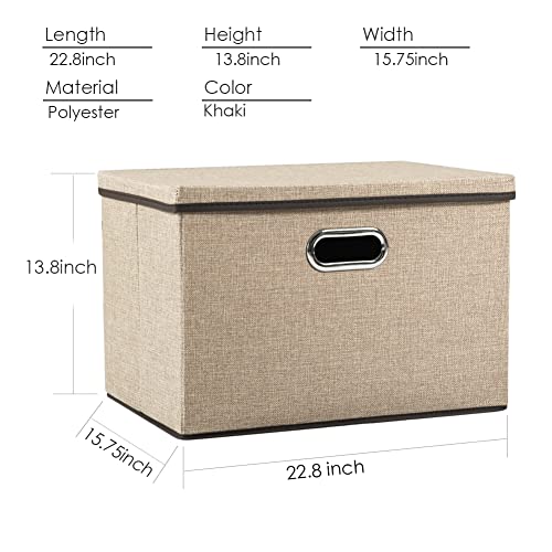 PRANDOM Extra Large Collapsible Storage Bins with Lids [3-Pack] Linen Fabric Foldable Storage Baskets Boxes Organizer Containers Cube with Cover for Bedroom Closet Office Nursery (22.8x15.75x13.8) - color: Khaki, size: XXL (3-Pack)