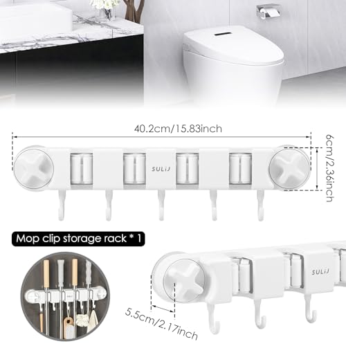 Broom Holder Wall Mount Sturdy Mop and Broom Organizer with 4 Racks and 5 Hooks Vacuum Suction Cup Broom Mop Holder for Home, kitchen, Garden, Tools, Garage - color: white
