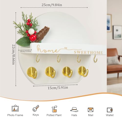 Key Holder for Wall, Key and Mail Holder Organizer - Key Holder Wall Mount with Bouquet Shelf and Key Hooks, Round Wooden Rustic Key Rack for Entryway and Home Decor (White) - color: White