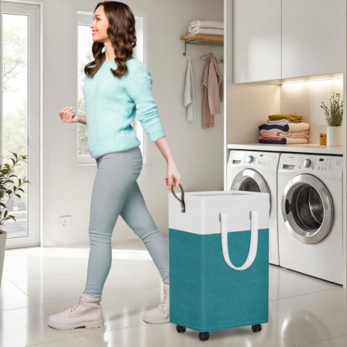 HomeHacks 75L Rolling Laundry Basket with Wheels, Collapsible & Waterproof Laundry Hamper, Mobile Clothes Hamper, Storage Laundry Bins with Handles for Laundry Room, Bedroom, Bathroom & Dorm, Green - color: Green, size: 75L