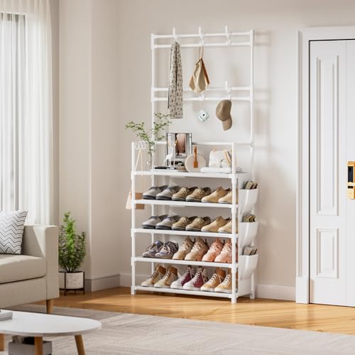 OYREL Shoe Rack 5 Tier Shoe Organizer Storage 15-20 Pairs Shoes Rack for Closet Entrance Shoe Rack Organizer with Hooks and Side Pocket Entryway Shoe Holder Space Saving Free Standing Shoe Racks - color: White, size: 5 Tier (23.6"Wx 61.4"H)