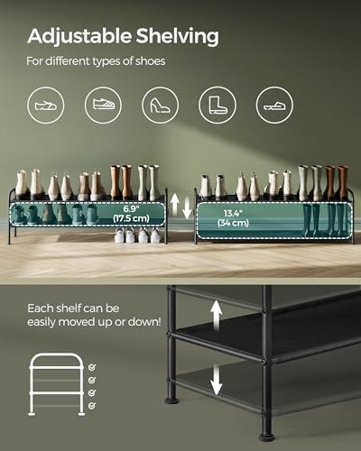 SONGMICS Shoe Rack, 2-Tier Shoe Organizer, Fabric Shoe Shelf Storage with 4 Hooks, Holds up to 12 Pairs of Shoes, Height-Adjustable Shoe Rack for Entryway, Hallway, Closet, Easy Assembly, Ink Black - color: Ink Black, size: 2 Tier (13.7"H)