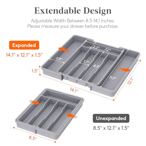 Lifewit Silverware Drawer Organizer, Expandable Utensil Tray for Kitchen, BPA Free Flatware and Cutlery Holder, Adjustable Plastic Storage for Spoons Forks Knives, 8.5-14 x 12", Gray - color: Gray, size: Medium (8.5-14''W x 12''D)