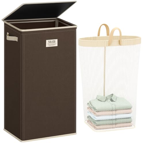 SOLEDI Laundry Hamper with Lid 100L Large & Tall Collapsible Laundry Basket, Clothes Hamper with Bag Removable Easy to Carry, Dirty Hampers for Bedroom, Bathroom, Dorm, College, Chocolate - color: Chocolate, size: 100L