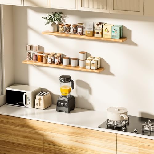 Floating Shelves for Wall Rustic Farmhouse 55 Inch Floating Shelf Bathroom Wooden Shelves for Wall Mounted Live Edge Pine Shelf with Unique Natural Grain for Living Room Bedroom Kitchen (Natural) - color: Natural, size: 55 inch - 1pc
