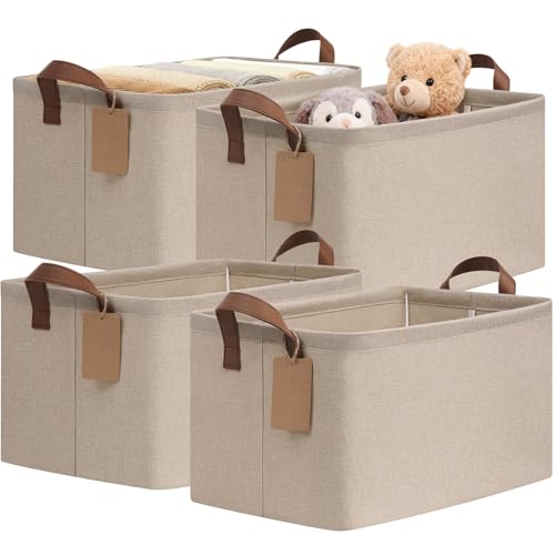 CHICVITA 4 Pack Large Storage Baskets for Shelves, Collapsible Towels Organizer Bins with Metal Frame, Closet Organizers and Storage Basket for Toys, Blankets, 16.8" x 11" x 9.8", Brown - color: Brown, size: 30L (16.8"L x 11"W x 9.8"H)