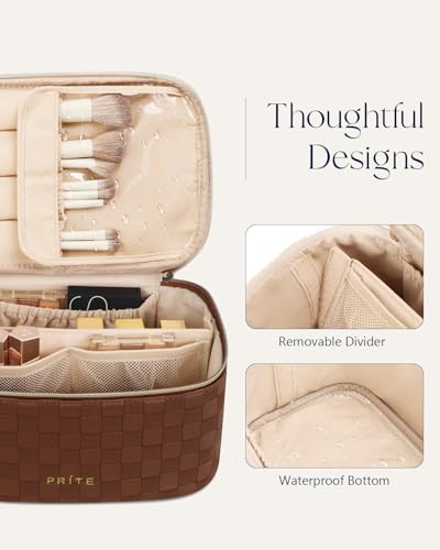 Prite Makeup Bag, Large Capacity Portable Travel Cosmetic Bag, Waterproof Makeup Organizer for Women with Handle and Divider (001 Checkered Brown) - color: 001 Checkered Brown