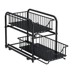 AIYAKA Pull-out Cabinet Organizer, Stackable 2-tier Under Sink Rack, with Sliding Storage Drawer for Pantry, and Desktop, for Bathroom, Kitchen, Office, Black