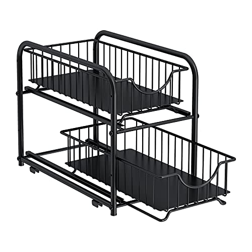 AIYAKA Pull-out Cabinet Organizer, Stackable 2-tier Under Sink Rack, with Sliding Storage Drawer for Pantry, and Desktop, for Bathroom, Kitchen, Office, Black